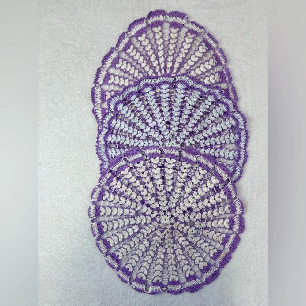 Handmade Crochet Doilies Purple White Set of 3 Round Table Decor